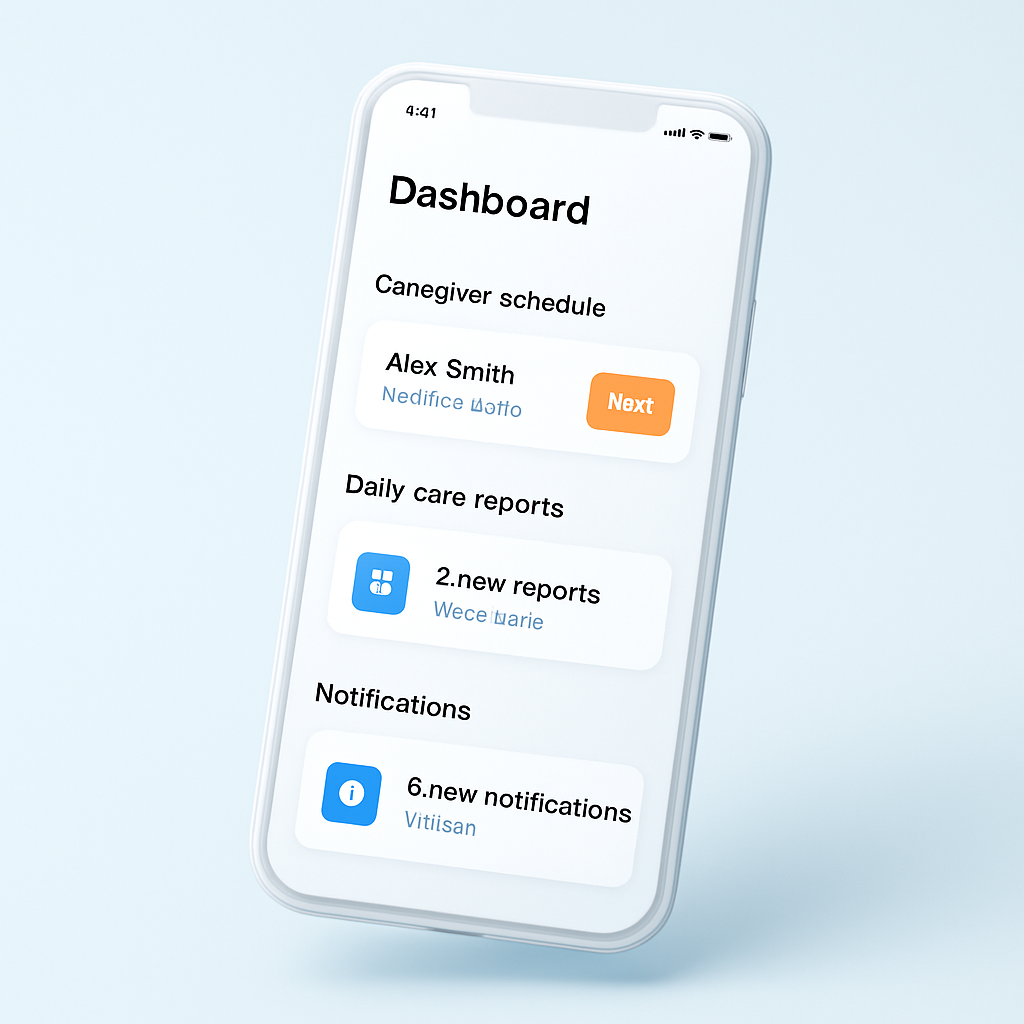 FlexyCare care management mobile app showing dashboard, schedule and reports